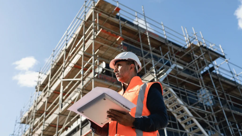 Construction professional reviewing project plans at an active job site