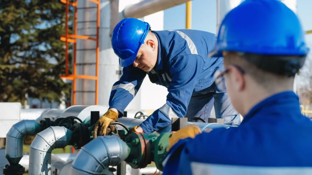 Industrial workers performing maintenance on oil and gas equipment at an industrial facility